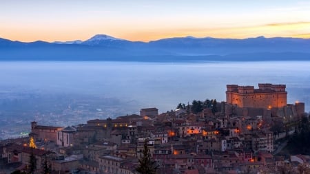 castle in celano italy in morning mist - mountains, morning, city, castle, mist