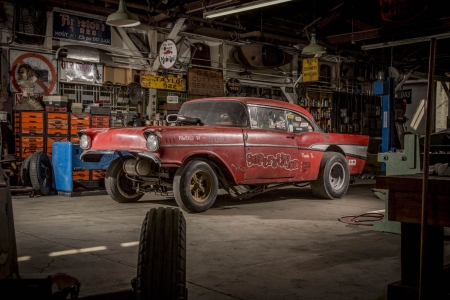 1957-Chevrolet-Bel-Air-Gasser - Bowtie, Red, Garage, Classic