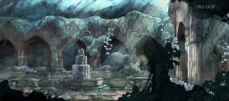 The monastery and a fountain - decorative fountain, monastery, child of light, ruins