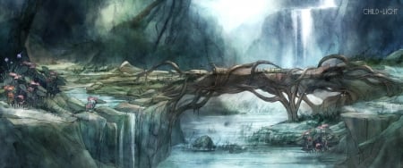 bridge of wood - waterfall, child of light, forest, frustum