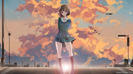 Saenai Heroine no Sodatekata - Girl, Airplane, Sunset, Clouds, Saenai Heroine no Sodatekata, School Uniform, Katou Megumi, Anime