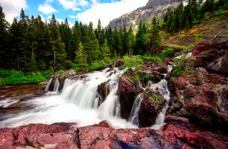 Mountain stream - trees, cascades, beautiful, creek, landscape, slope, stream, forest, mountain, nature, sky, rocks