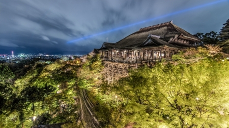 kiyomizu dera temple japan at night hdr - hill, treesmcity, night, hdr, temple