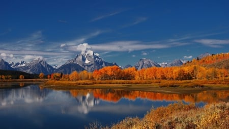 autumn colors in beautiful landscape - reflections, autumn, lake, forest, clouds, mountains