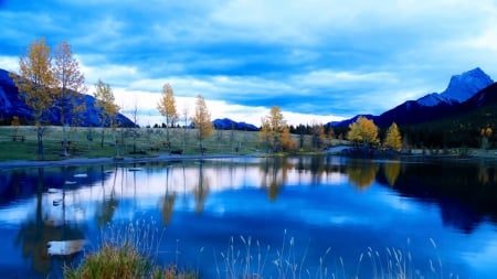 park lake - trees, overcast, tables, lake, mountains, park