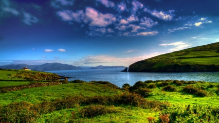 fields along a beautiful lake in summer - summer, lake, farms, mountains, fields