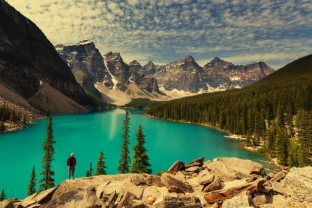 Moraine Lake - moraine, sky, banff national park, lake, trees, landscape, nature, clouds, splendor, canada