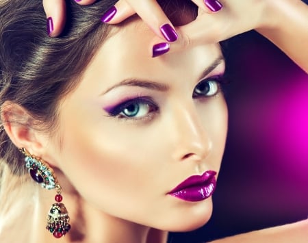 Beauty - girl, beauty, jewel, make-up, sonya zhuravetc, purple, hand, woman, model, face, blue eyes