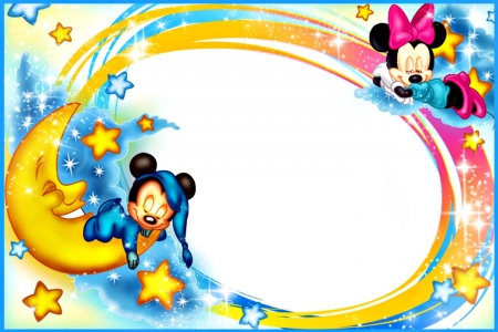 Good night! - moon, minnie, mickey, white, yellow, pink, blue, disney, card, mouse, luna, good night, frame