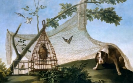 Hunting with a Claim - cage, animal, owl, art, pictura, francisco de goya, painting, hunting with a claim, dog, green