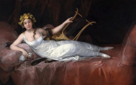 Marquis de Santa Cruz - red, instrument, sofa, art, white, marquis de santa cruz, pictura, francisco de goya, painting, woman