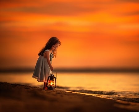 ღ - sunset, beach, girl, sea, child