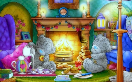 Christmas Bears - fireplace, bears, christmas, happy