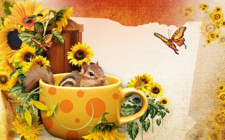 Squirrel in the mug - flowers, squirrel, mug, butterflies