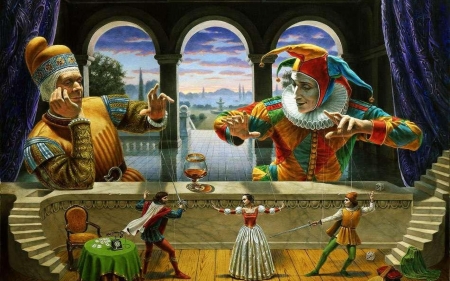 art of diplomacy - woman, toy, jester, man