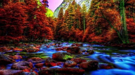 Colorful Autumn - stone, trees, water, nature, autumn, landscape, forest, mountains