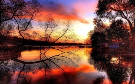 Lake Reflection - nature, lake, trees, reflection, clouds