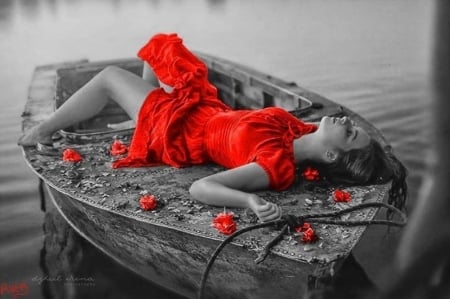 Beauty on a Boat - girl, red dress, model, boat