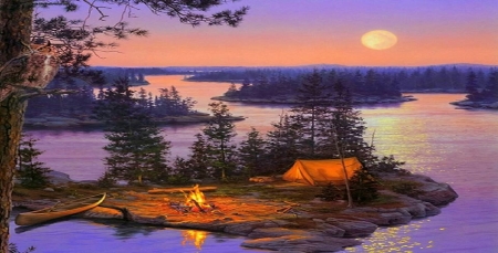 sunset over the camp - river, camp, fire, tent