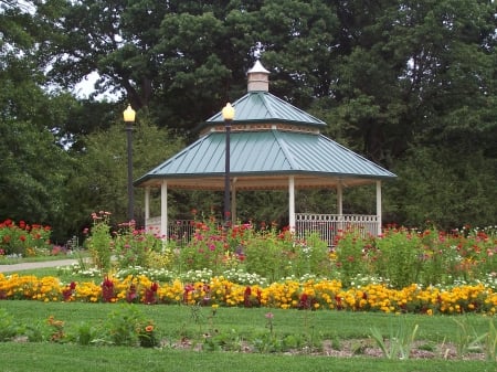 Gazebo in Spring - blossoms, flowers, trees, park, colors, season