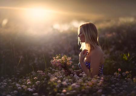 Beauty in the Morning - sunlight, flowers, nature, woman