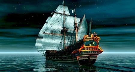 Night Ship - night, ship, sea, 3d