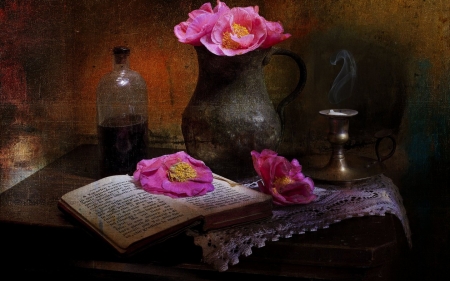 Still Life - pitcher, flowers, still Life, book