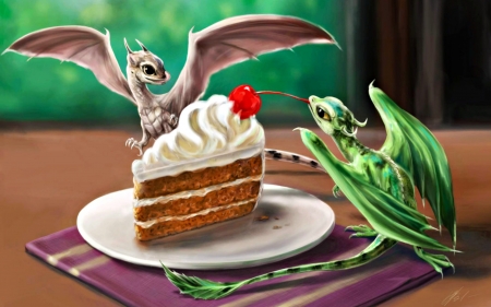 Dessert - wings, fantasy, cream, egretink, baby, red, dragon, green, sweet, food, dessert, cute