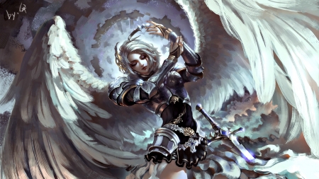 Angel - angel, wings, fantasy, armor, kusi de san gu, white, blue, anime, feather, sword, manga