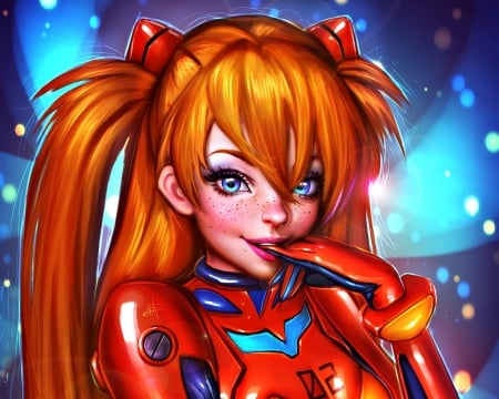 Asuka - red, ayyasap, girl, redhead, blue, art, fantasy, orange, asuka, woman, freckles