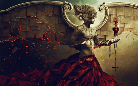 Exegesis - carlos-quevedo, angel, man, fantasy, red, wings, golden, exegesis, art, luminos