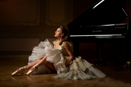 Ballerina - piano, ballerina, dancer, dress, girl, Evelina Godunova, black, instrument, white, woman