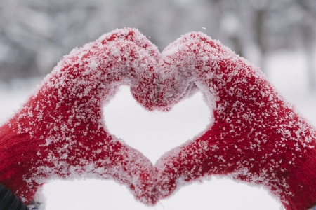 Heart - white, red, winter, valentine, heart, hand, snow