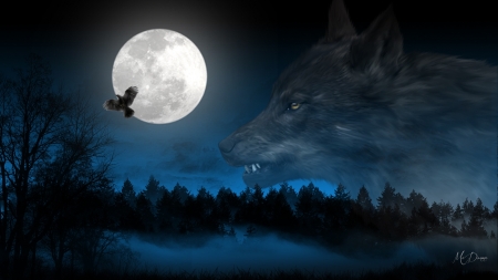 Dark Wolf and Raven - lobo, sky, collage, night, gothic, mist, raven, wolf, crow, abstract, forest, full moon, blue, fog, firefox persona theme