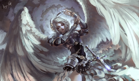 Knight Angel - pretty, female, angel, long hair, white hair, armor, fantasy woman, weapon, sky, clouds, abstract, sword, lovely, sweet, knight, fantasy, white, lady, silver, woman, wings, cute, feathers