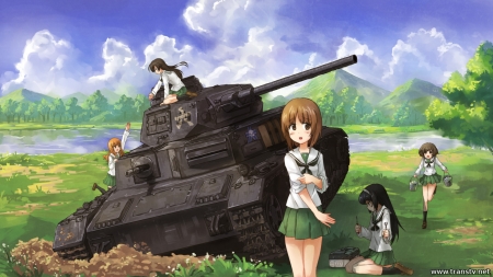 Katyusha (Girls und Panzer) - girls, grass field, tank, katyusha, girls und panzer