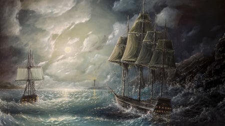 Sea storm - storm, sea, sail, art