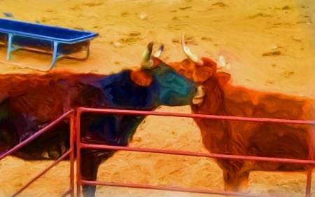 Lazy cows - barn yard, oil paint, cow, altered reality