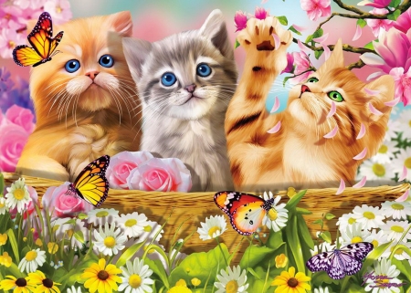 Cuddly kittens - play, cuddly, butterflies, sweet, flowers, kittens, funny, garden, cute, cats, paradise, ciolorful, kitty