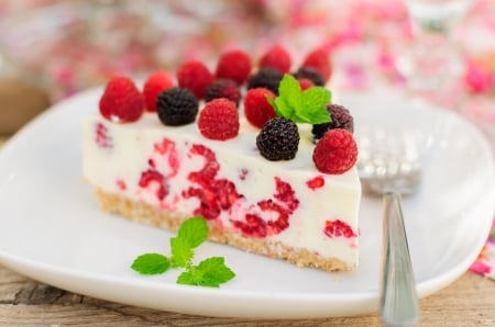 Delicious - blackberry, cream, mint, food, dessert, cake, cheesecake, raspberries