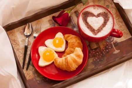 áƒ¦ - breakfast, heart, valentines day, rose, croissant, flower