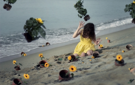 Yellow Flowers - flowers, beach, yellow, woman