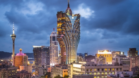 grand lisboa hotel in macau - hotel, dusk, lights, modern, city