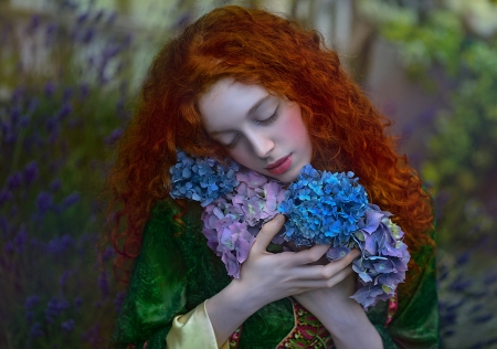 Beauty - blue, girl, beauty, ophidia, flower, redhead, purple, green, woman, model, agnieszka lorek