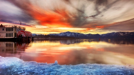 South Lake Tahoe, California - sky, evening, reflection, sun, clouds