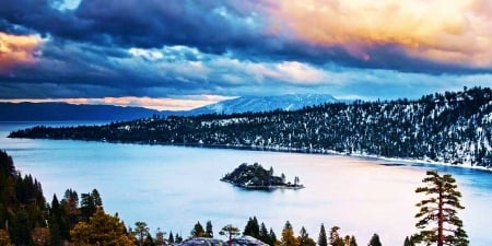 Lake Tahoe in Late Winter - clouds, trees, emerald bay, snow, sky