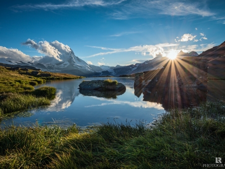 Sunset Through the Mountains - clouds, sunset, nature, landscape, lake, reflection, woods