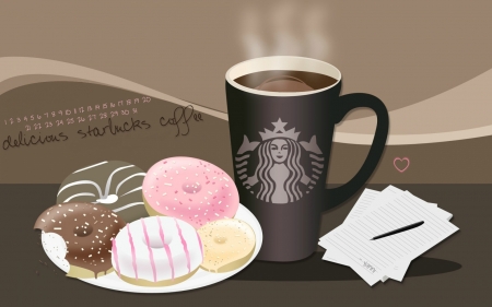 starbucks coffee - donuts, pen, paper, coffee