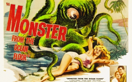 monster from the ocean floor - octopus, monster, girl, ocean