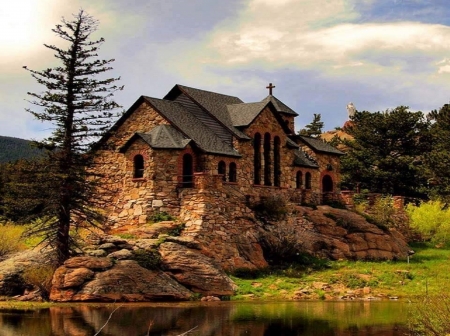 the old stone church - river, cross, church, old